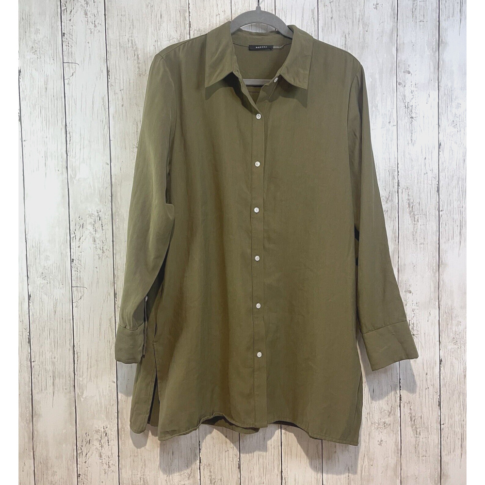 Natori Womens Button Up Top Medium Twill Tunic Shirt Long Sleeve Green Pockets